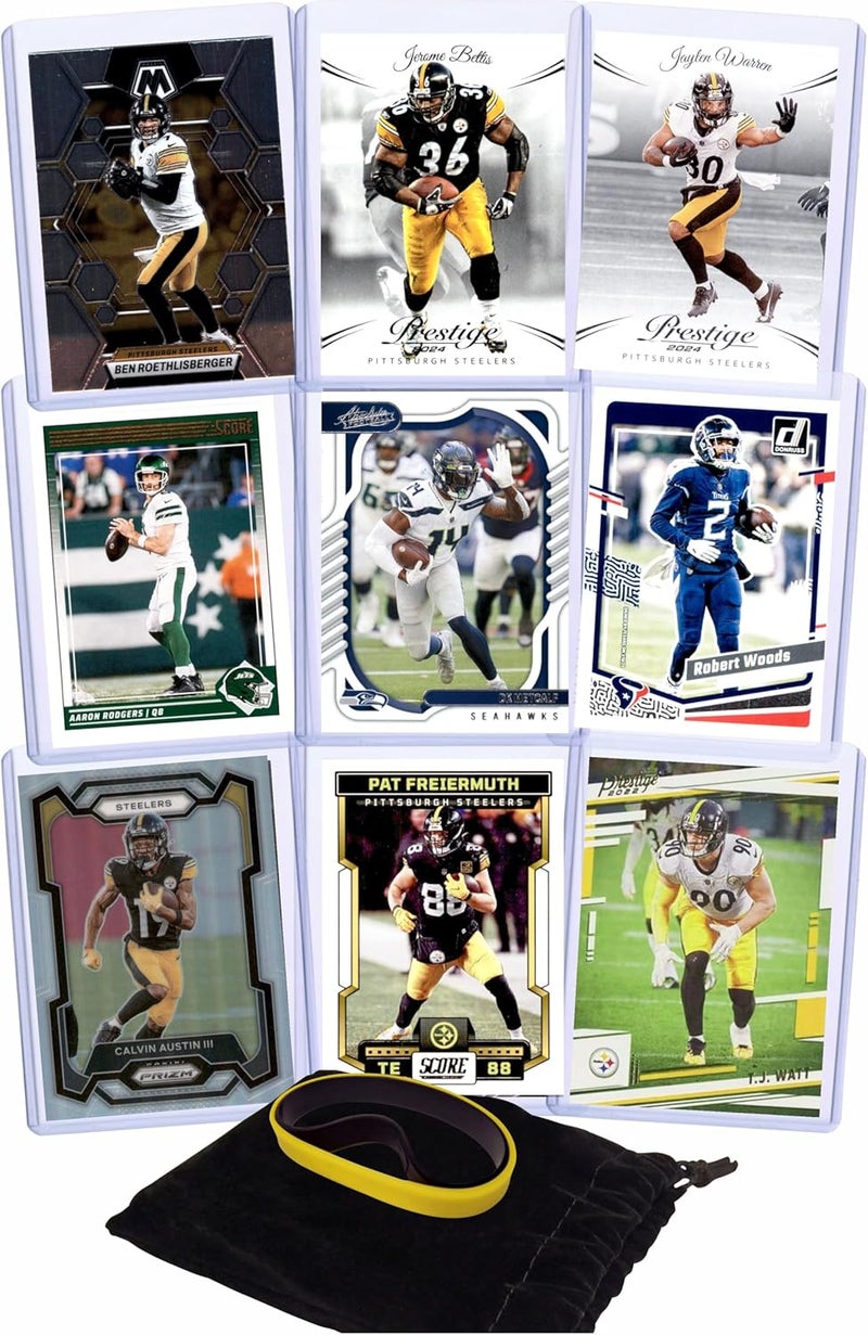 Chaser Pittsburgh Steelers Cards: Aaron Rodgers, Jaylen Warren, Pat Freiermuth, DK Metcalf, Calvin Austin III, Robert Woods, Ben Roethlisberger, T.J. Watt, Jerome Bettis ASSORTED Football Stars & GOATs Trading Card & Wristbands Gift Pack - Image 1